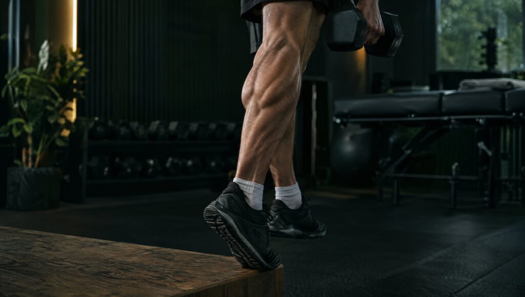 Runner performing a heavy slow single-leg heel raise to load the Achilles tendon at Hauora, Primrose Hill, London
