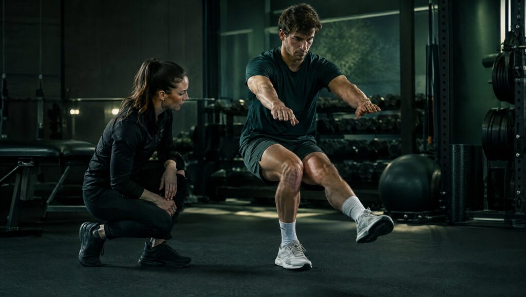 Physiotherapist checking an athlete's knee alignment during a single-leg squat in ACL rehab at Hauora, Primrose Hill, London