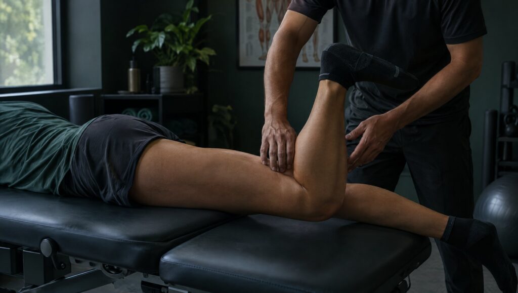 Physiotherapist guiding a patient through hamstring repair rehab at Hauora, Primrose Hill, London